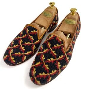 Stubbs & Wootton Womens Needlepoint Oak Leaf Loafers Navy Red Gold Size 11 Spain